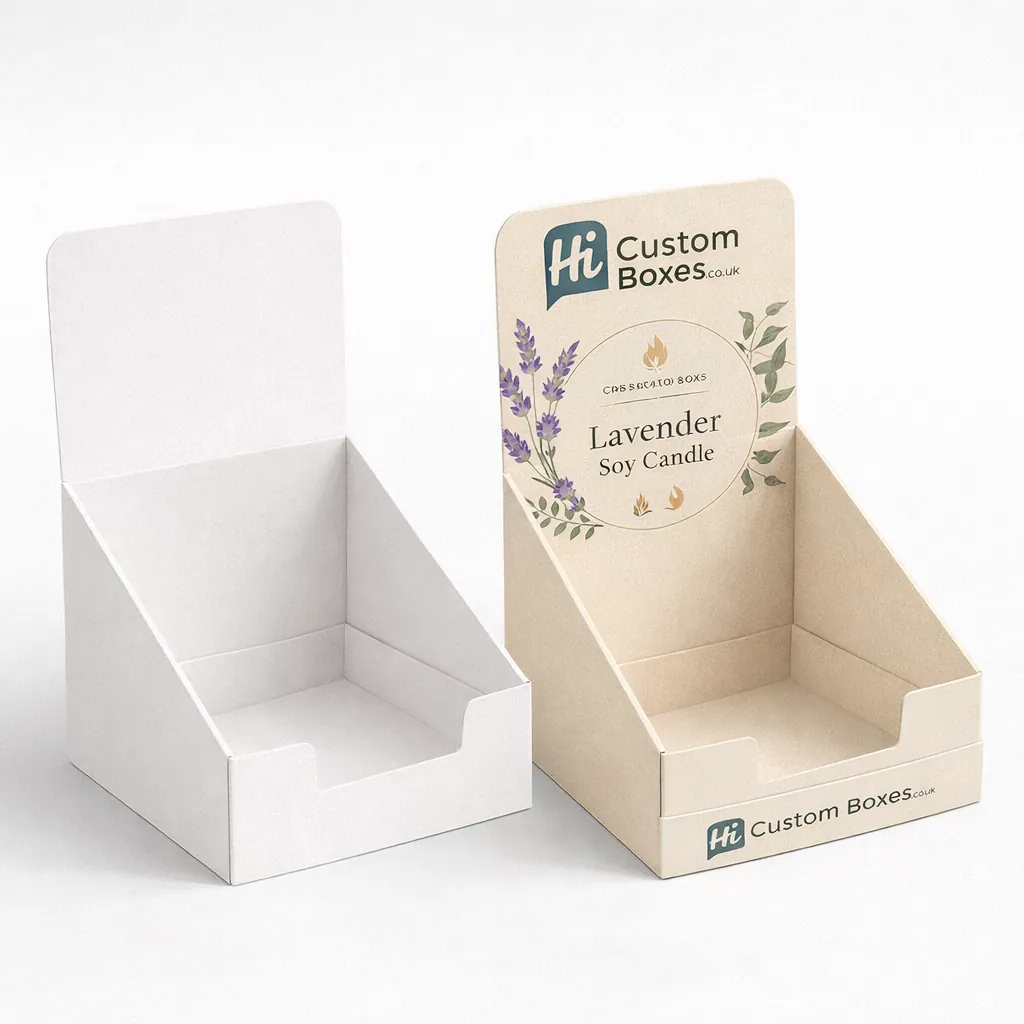 Soy candle display boxes for retail, featuring one plain kraft and one custom floral version. class=